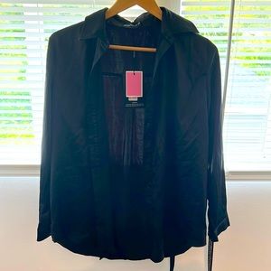Black satin button front shirt